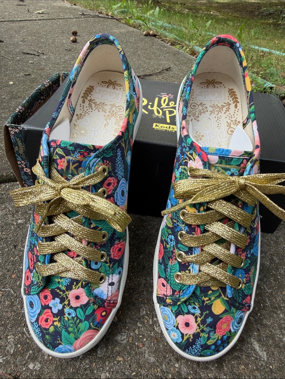 Keds x Rifle Paper Co. 9.5 Floral Canvas Sneakers Gold Laces “Garden Dark” NIB